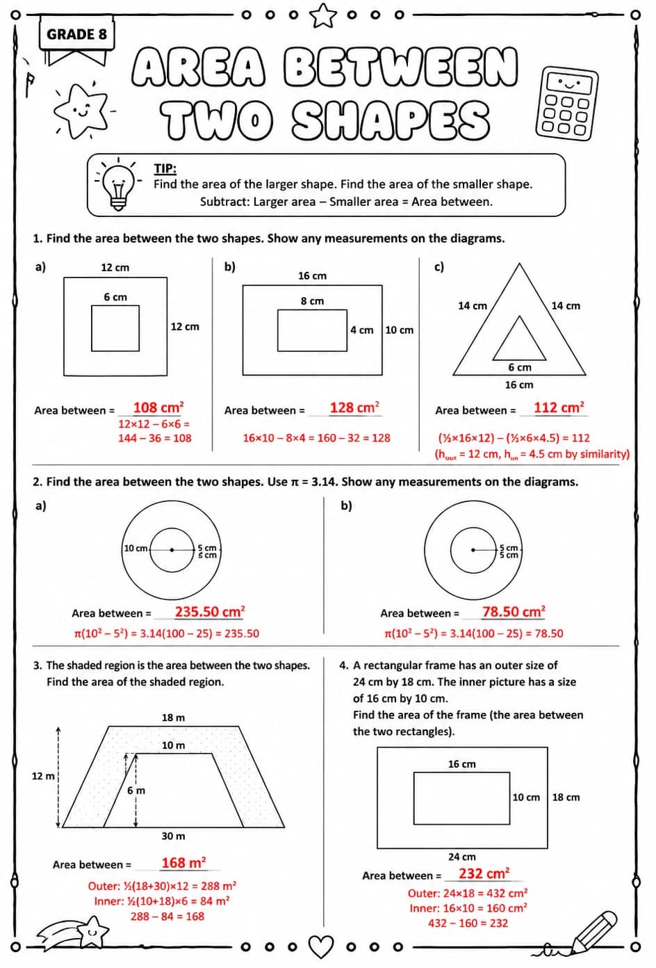 Answer key for Area between two shapes — free printable Math worksheet