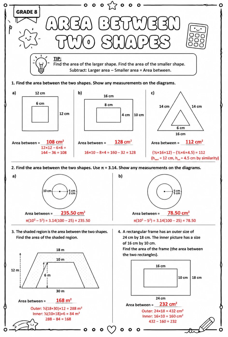 Answer key for Area between two shapes — free printable Math worksheet