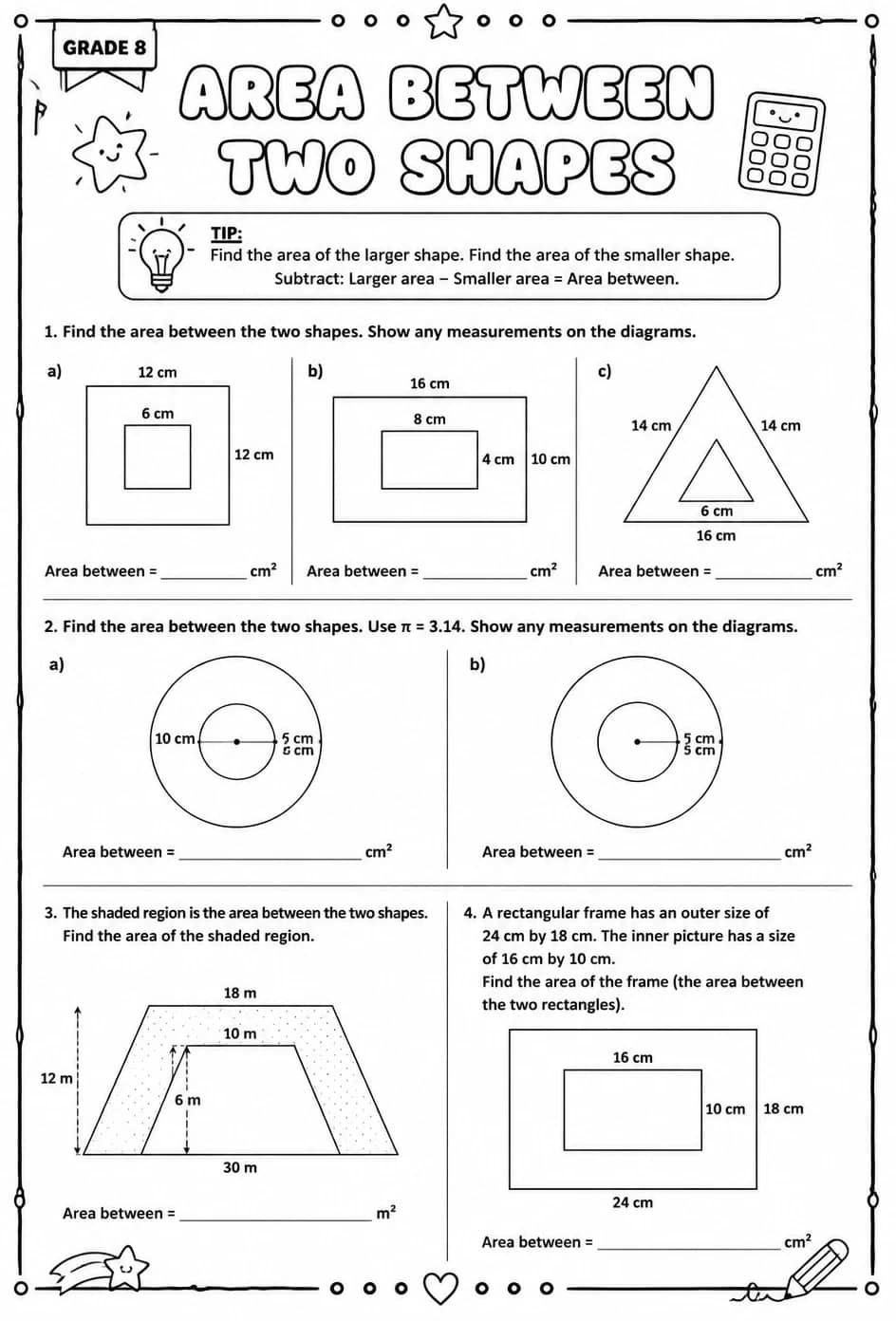 Area between two shapes — free printable Grade 8 math worksheet