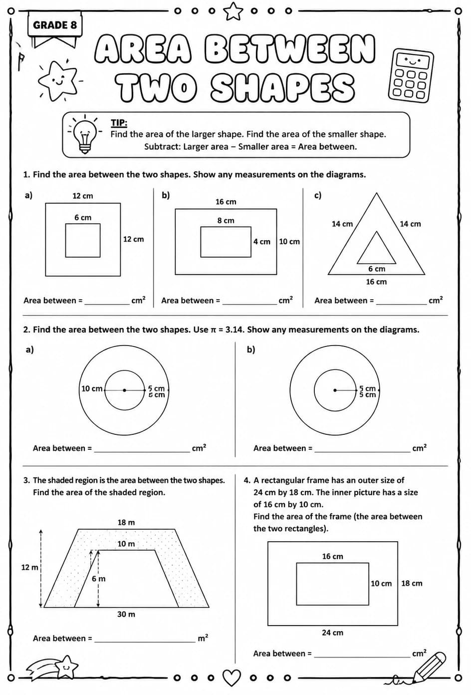 Area between two shapes — free printable Grade 8 math worksheet