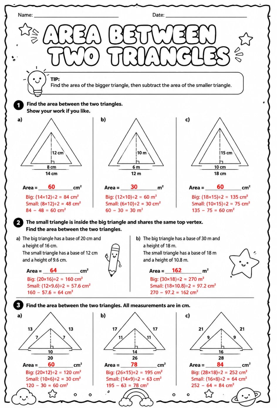 Answer key for Area between two triangles — free printable Math worksheet
