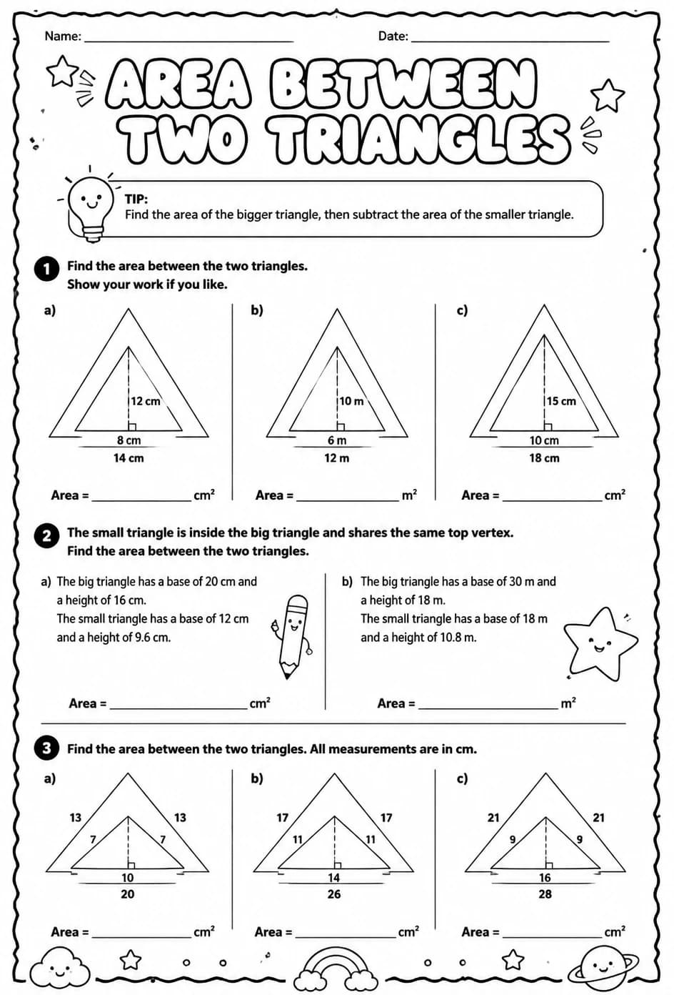 Area between two triangles — free printable Middle School Math worksheet