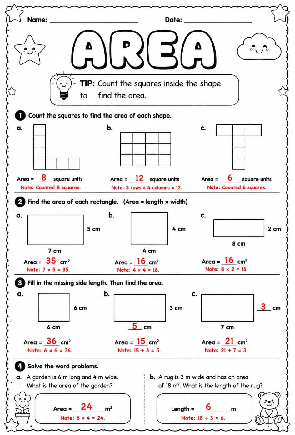 Answer key for Area — free printable Math worksheet