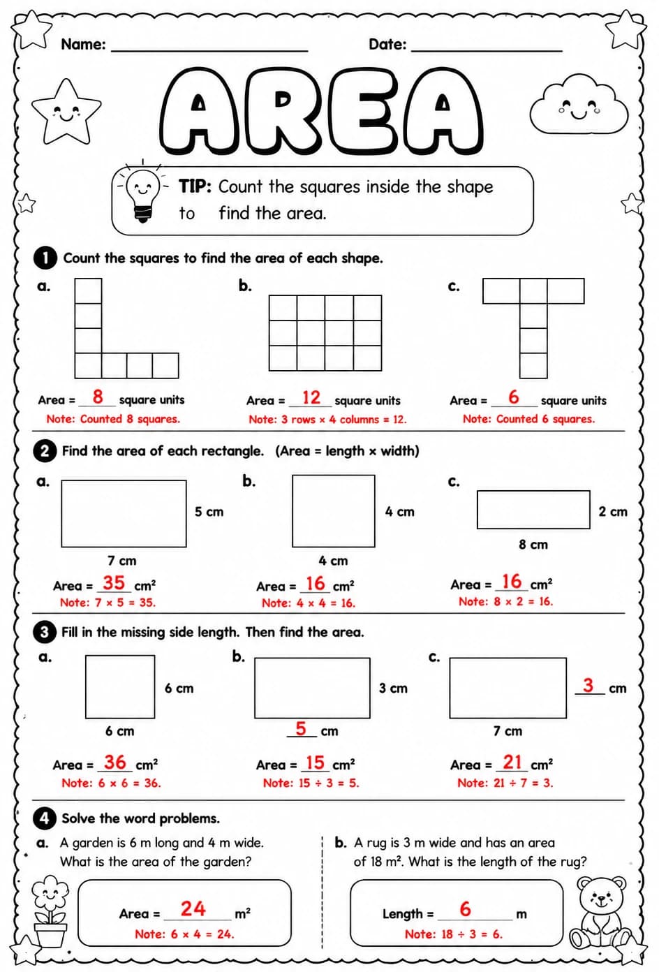 Answer key for Area — free printable Math worksheet