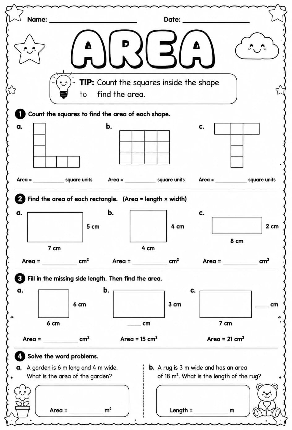 Area — free printable Grade 2 math worksheet