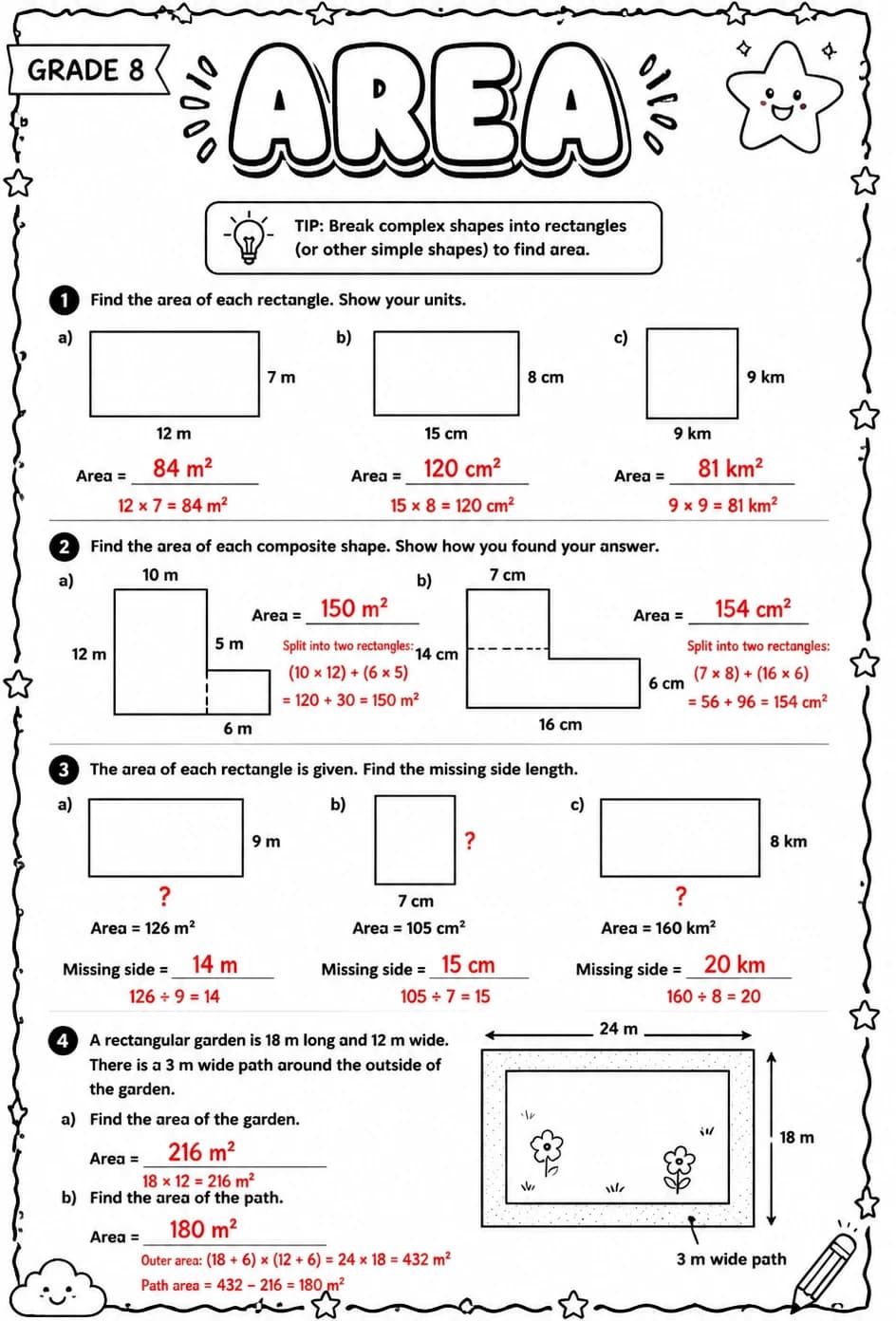 Answer key for Area — free printable Math worksheet