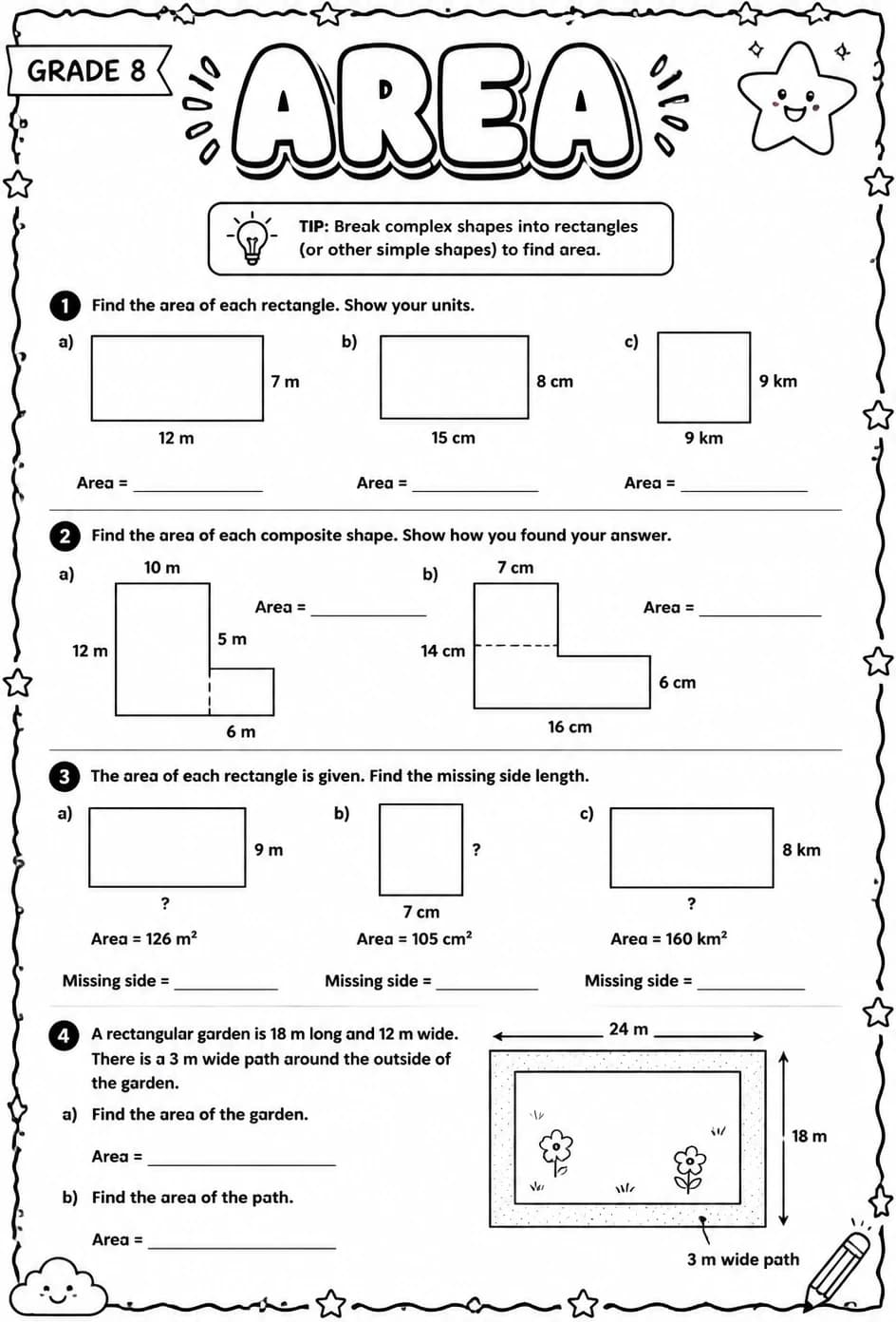 Area — free printable Grade 8 math worksheet
