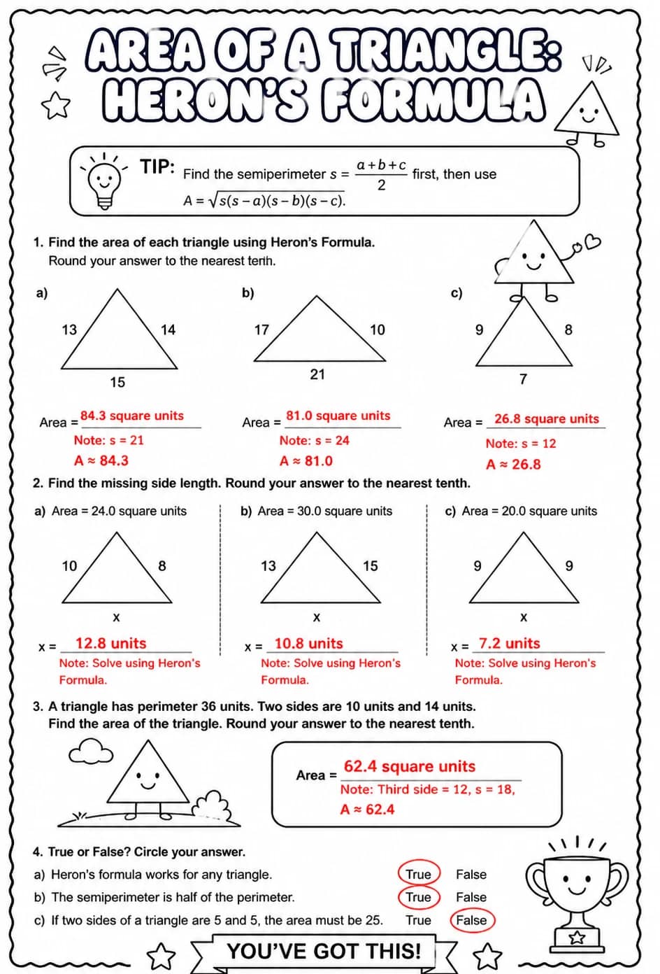 Answer key for Area of a triangle: Heron's formula — free printable Math worksheet