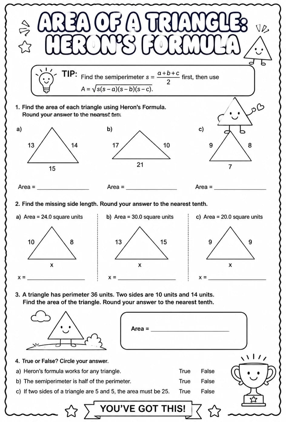 Area of a triangle: Heron's formula — free printable Precalculus math worksheet