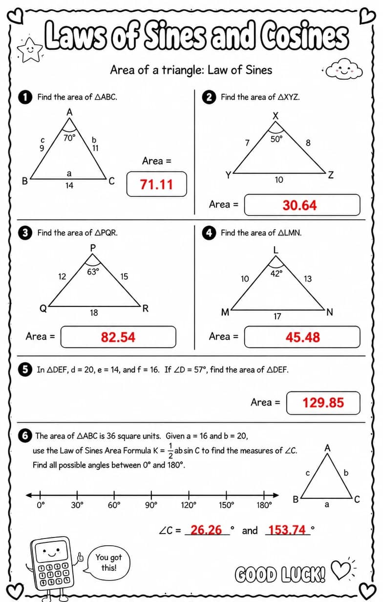 Answer key for Area of a triangle: Law of Sines — free printable Math worksheet