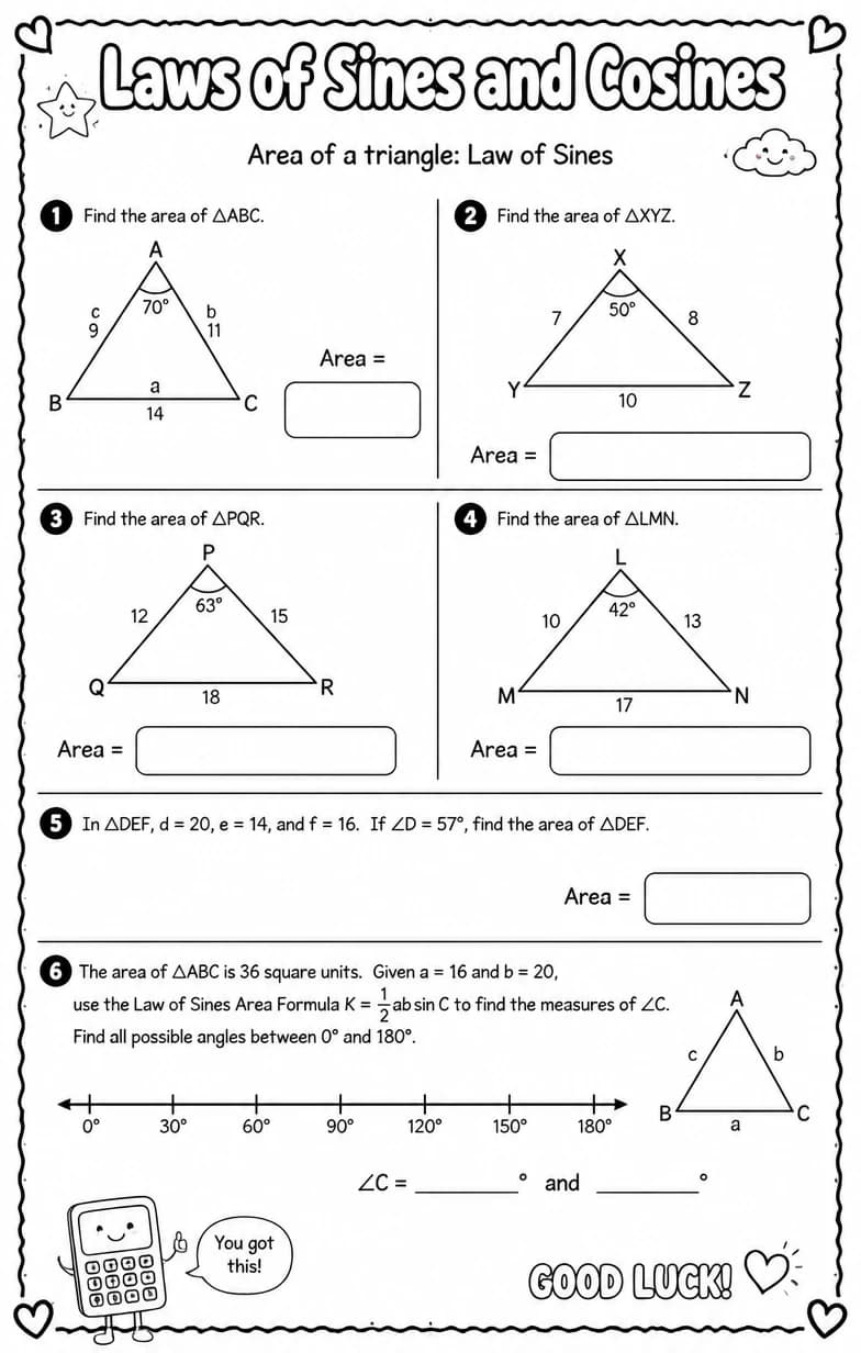 Area of a triangle: Law of Sines — free printable High School Math worksheet