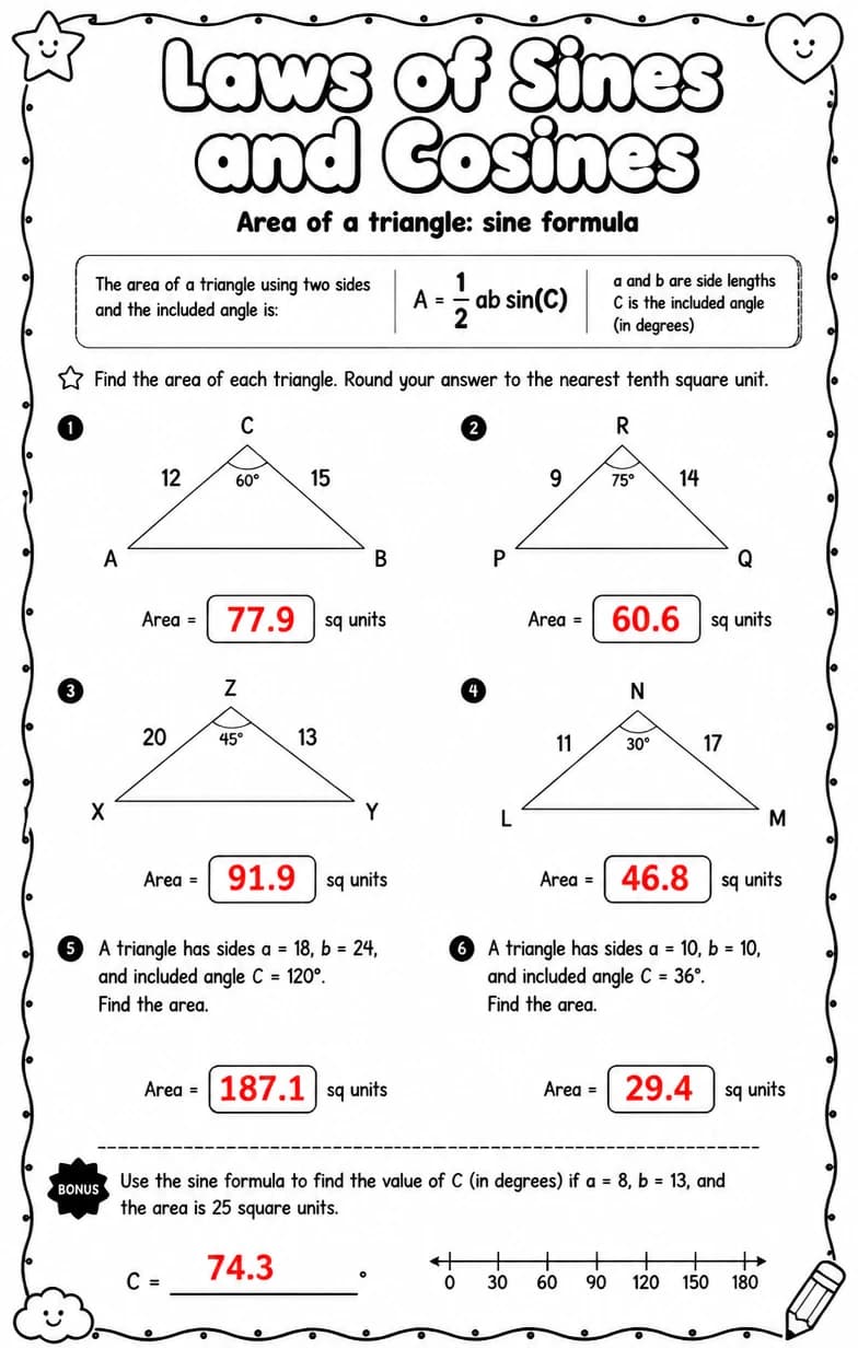 Answer key for Area of a triangle: sine formula — free printable Math worksheet