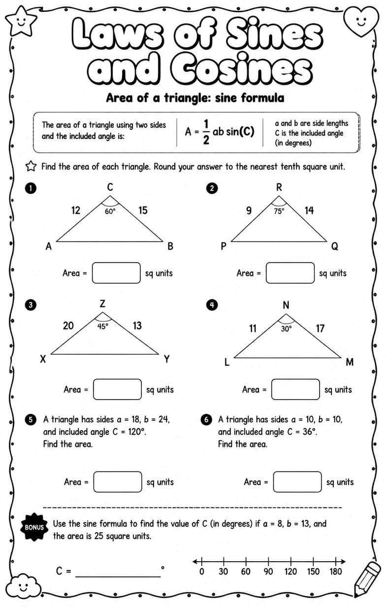 Area of a triangle: sine formula — free printable High School Math worksheet