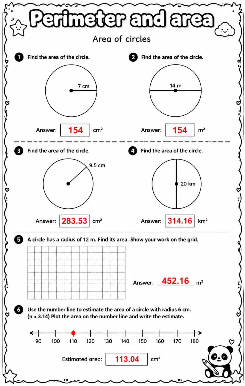 Answer key for Area of circles — free printable Math worksheet