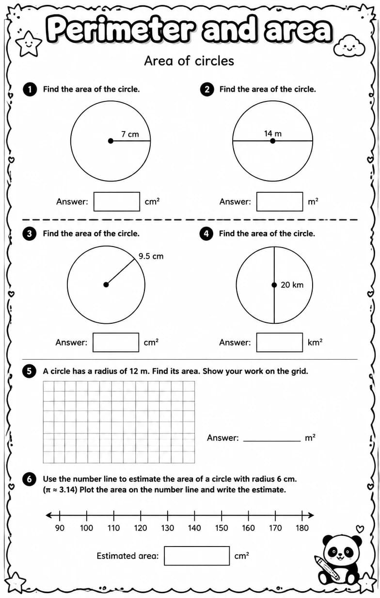 Area of circles — free printable Grade 7 math worksheet