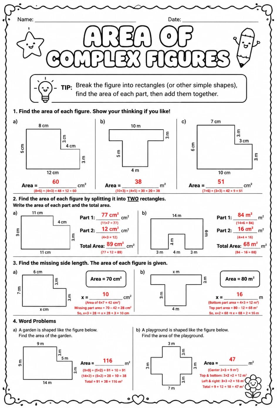 Answer key for Area of complex figures — free printable Math worksheet