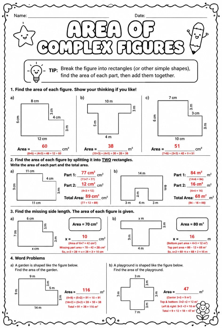 Answer key for Area of complex figures — free printable Math worksheet