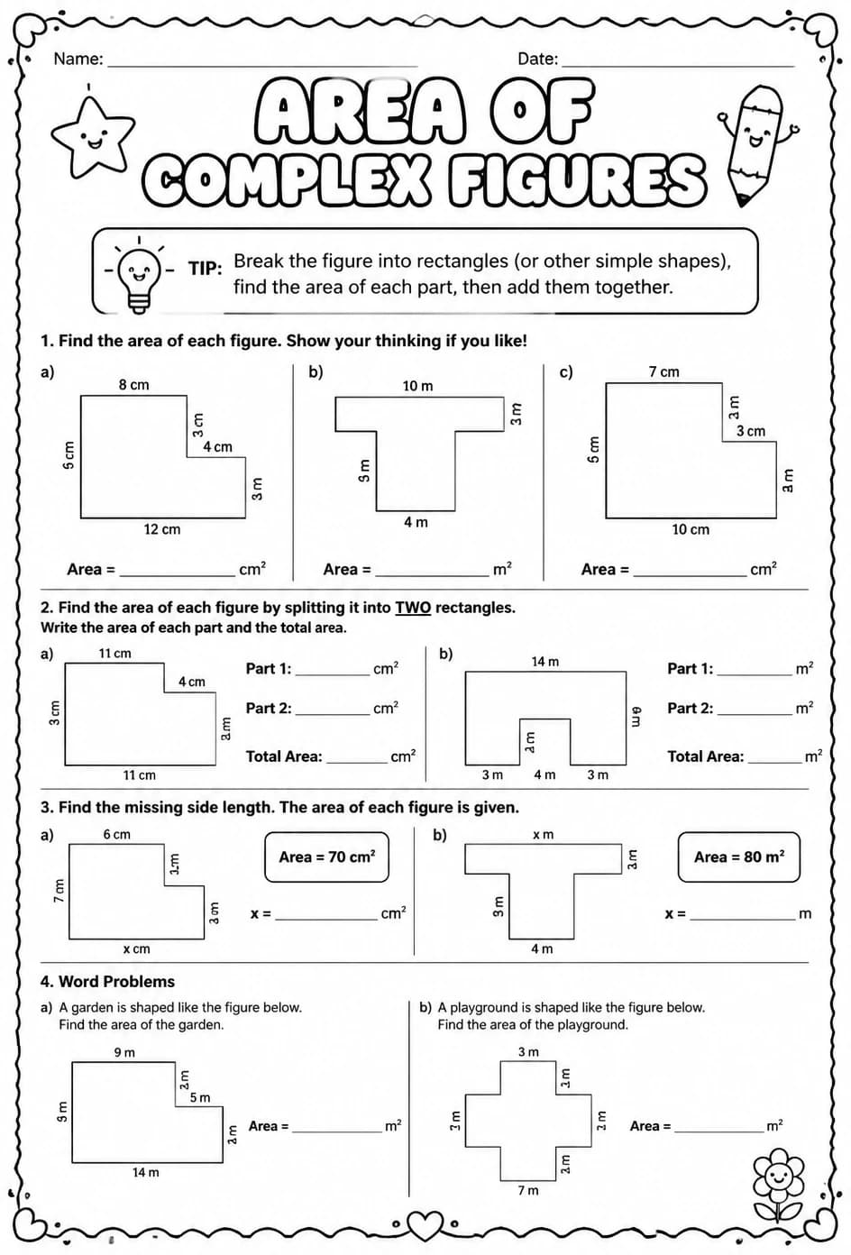 Area of complex figures — free printable Grade 4 math worksheet