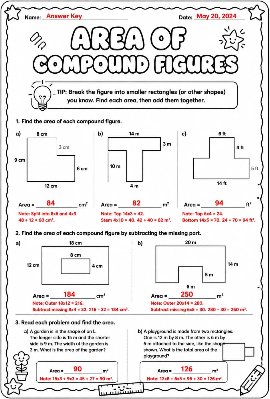 Answer key for Area of compound figures — free printable Math worksheet