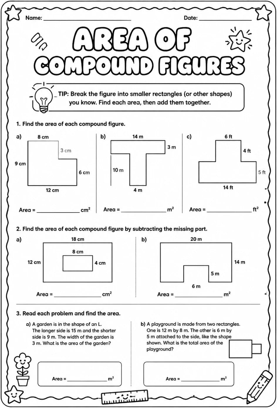Area of compound figures — free printable Grade 5 math worksheet