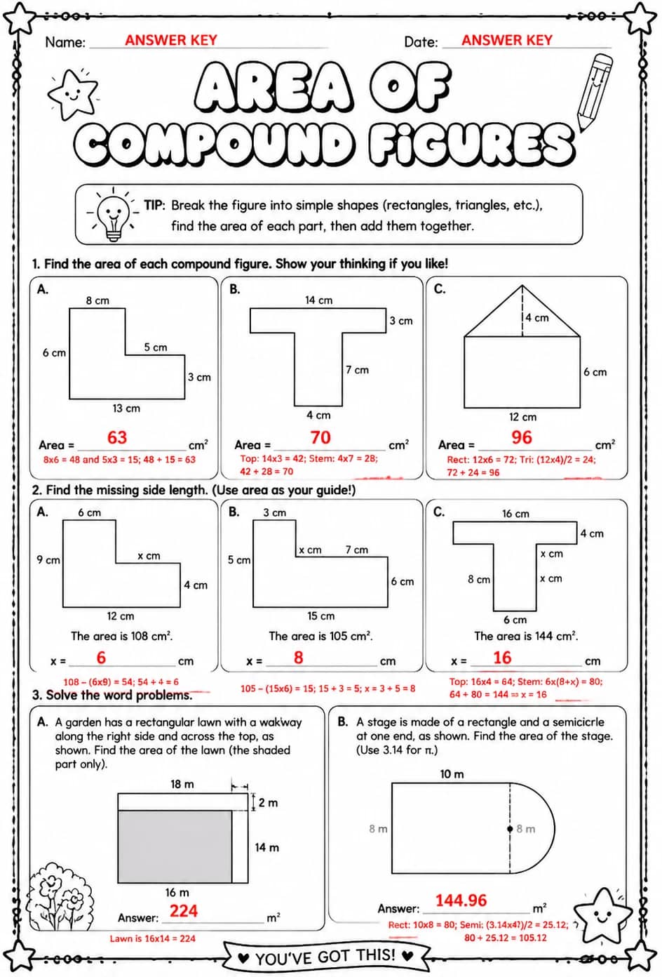 Answer key for Area of compound figures — free printable Math worksheet