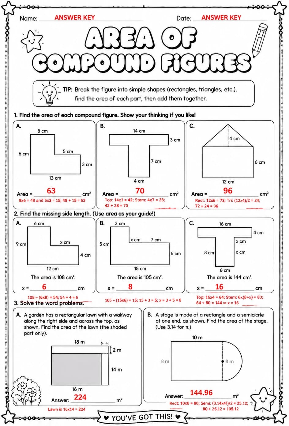 Answer key for Area of compound figures — free printable Math worksheet