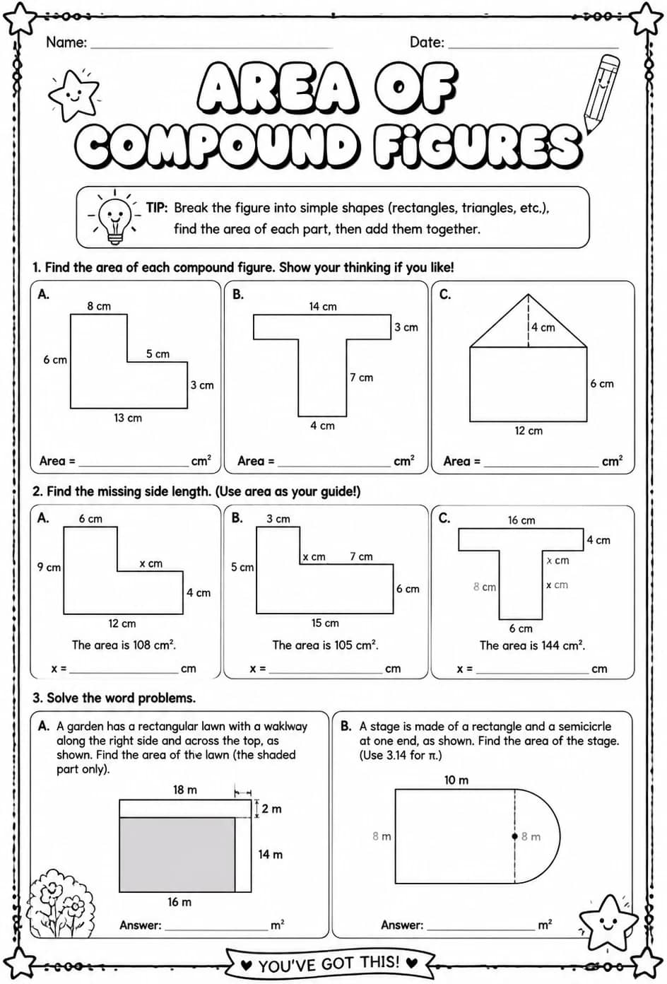 Area of compound figures — free printable Grade 6 math worksheet