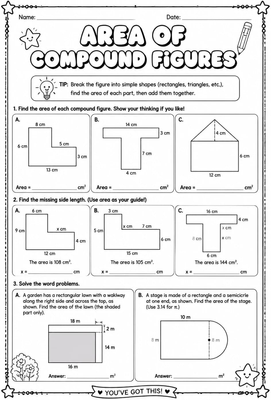 Area of compound figures — free printable Grade 6 math worksheet