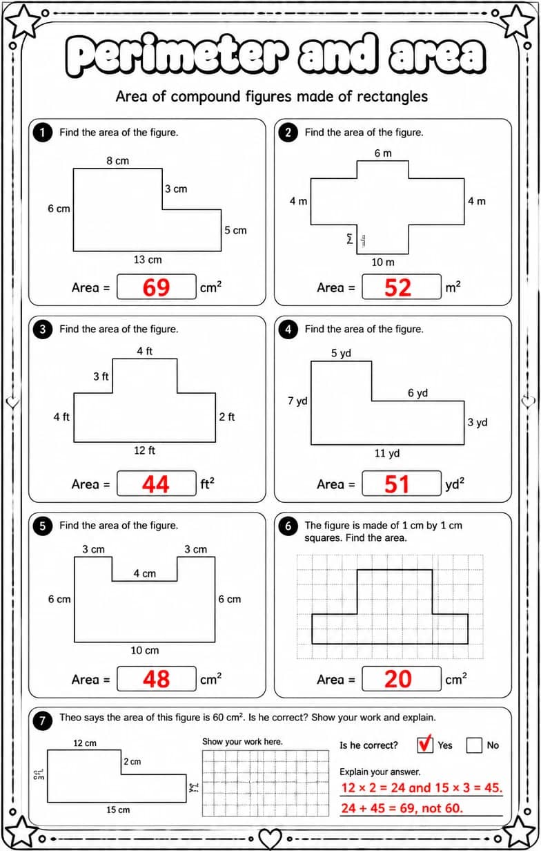 Answer key for Area of compound figures made of rectangles — free printable Math worksheet