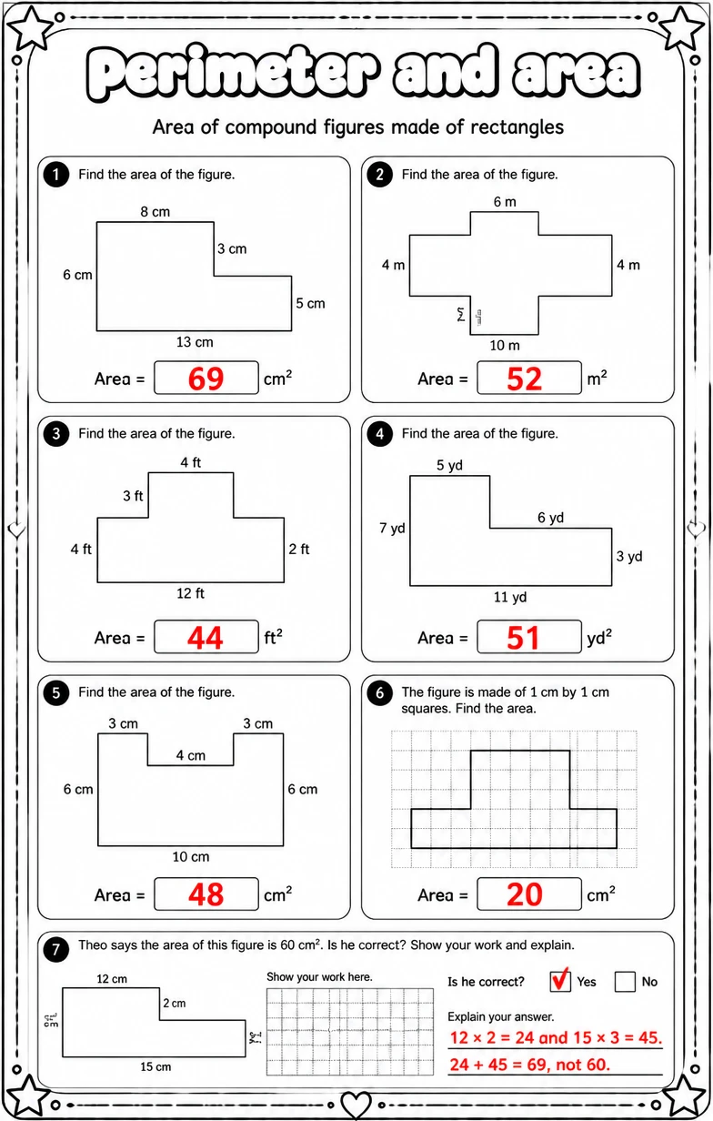 Answer key for Area of compound figures made of rectangles — free printable Math worksheet