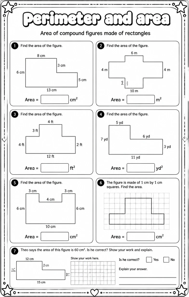 Area of compound figures made of rectangles — free printable Grade 7 math worksheet
