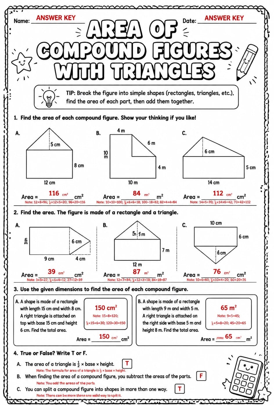 Answer key for Area of compound figures with triangles — free printable Math worksheet