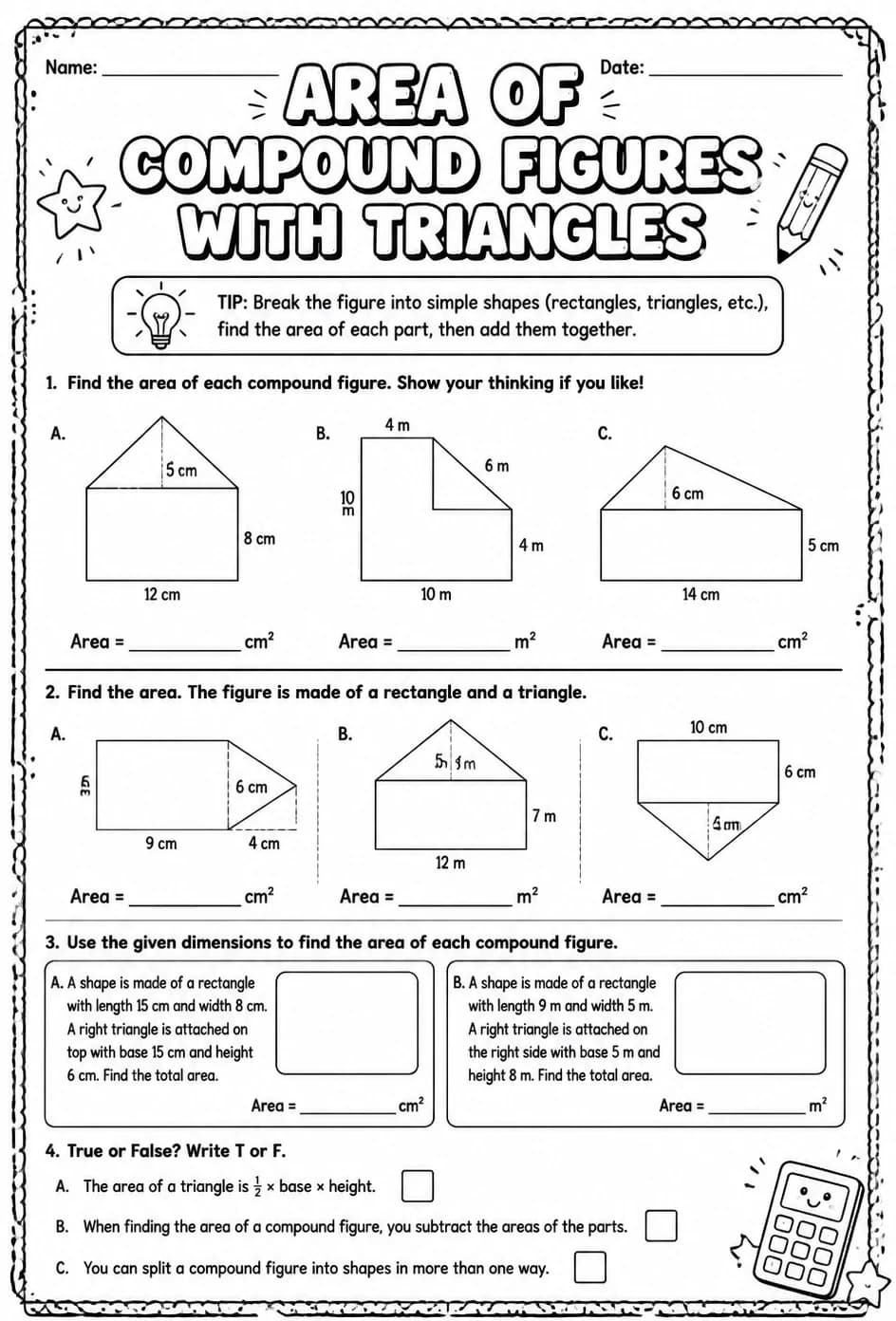 Area of compound figures with triangles — free printable Grade 6 math worksheet