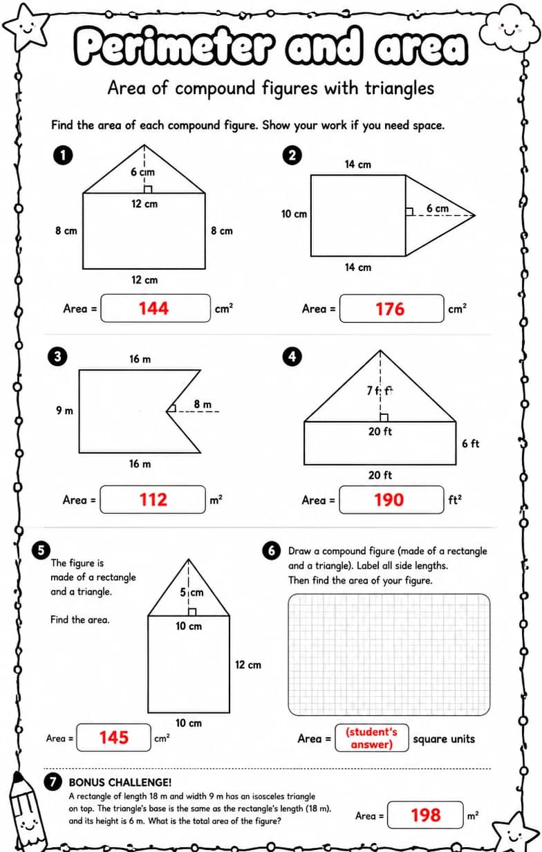Answer key for Area of compound figures with triangles — free printable Math worksheet
