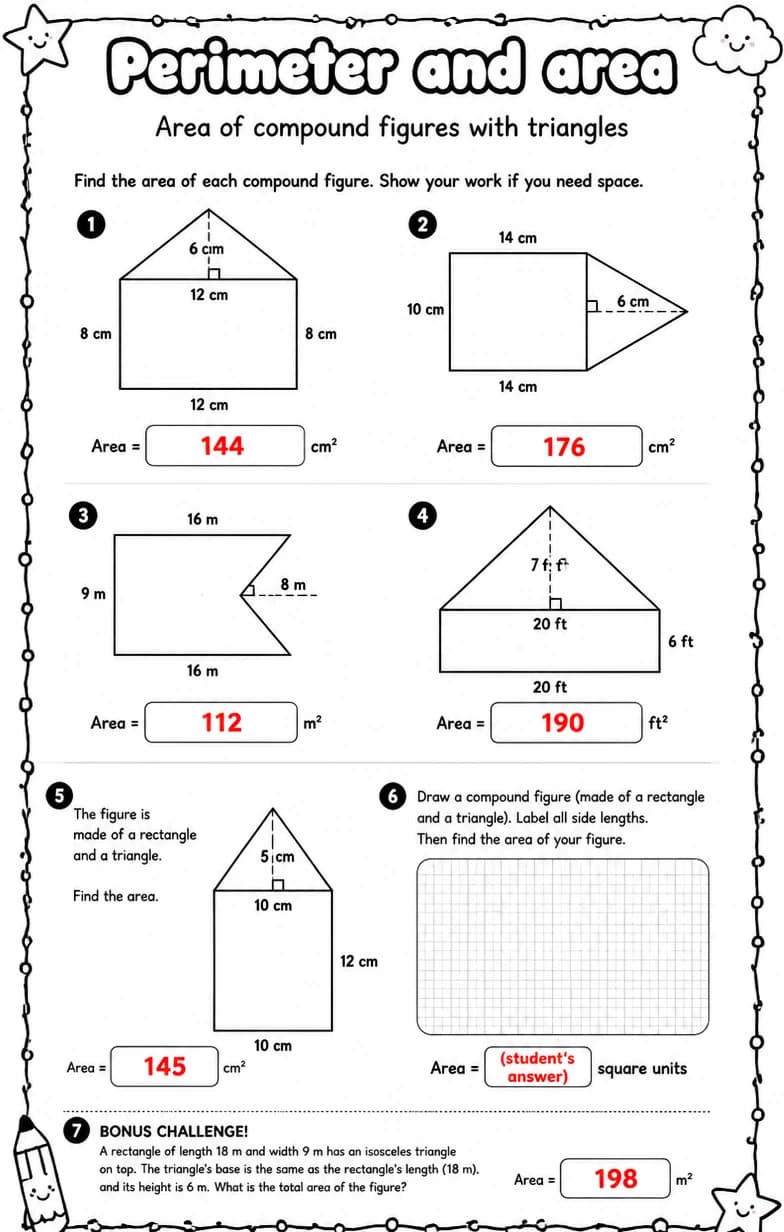 Answer key for Area of compound figures with triangles — free printable Math worksheet