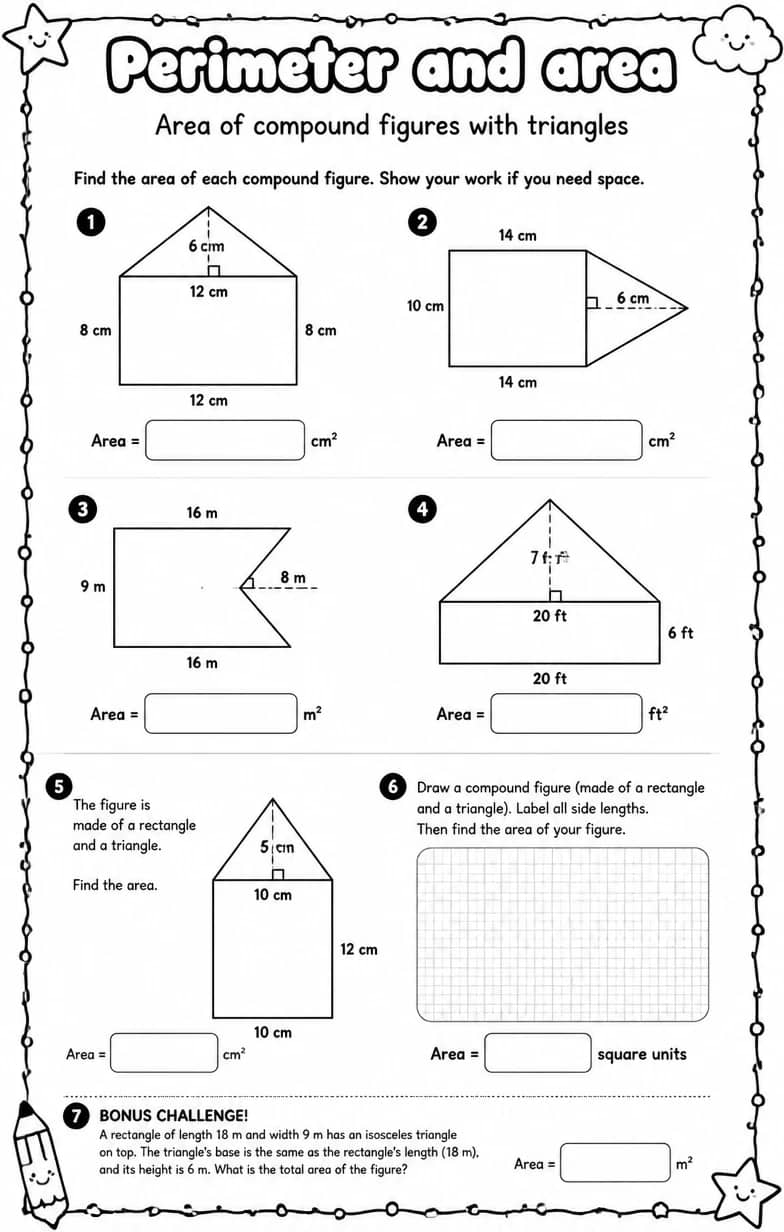 Area of compound figures with triangles — free printable Grade 7 math worksheet