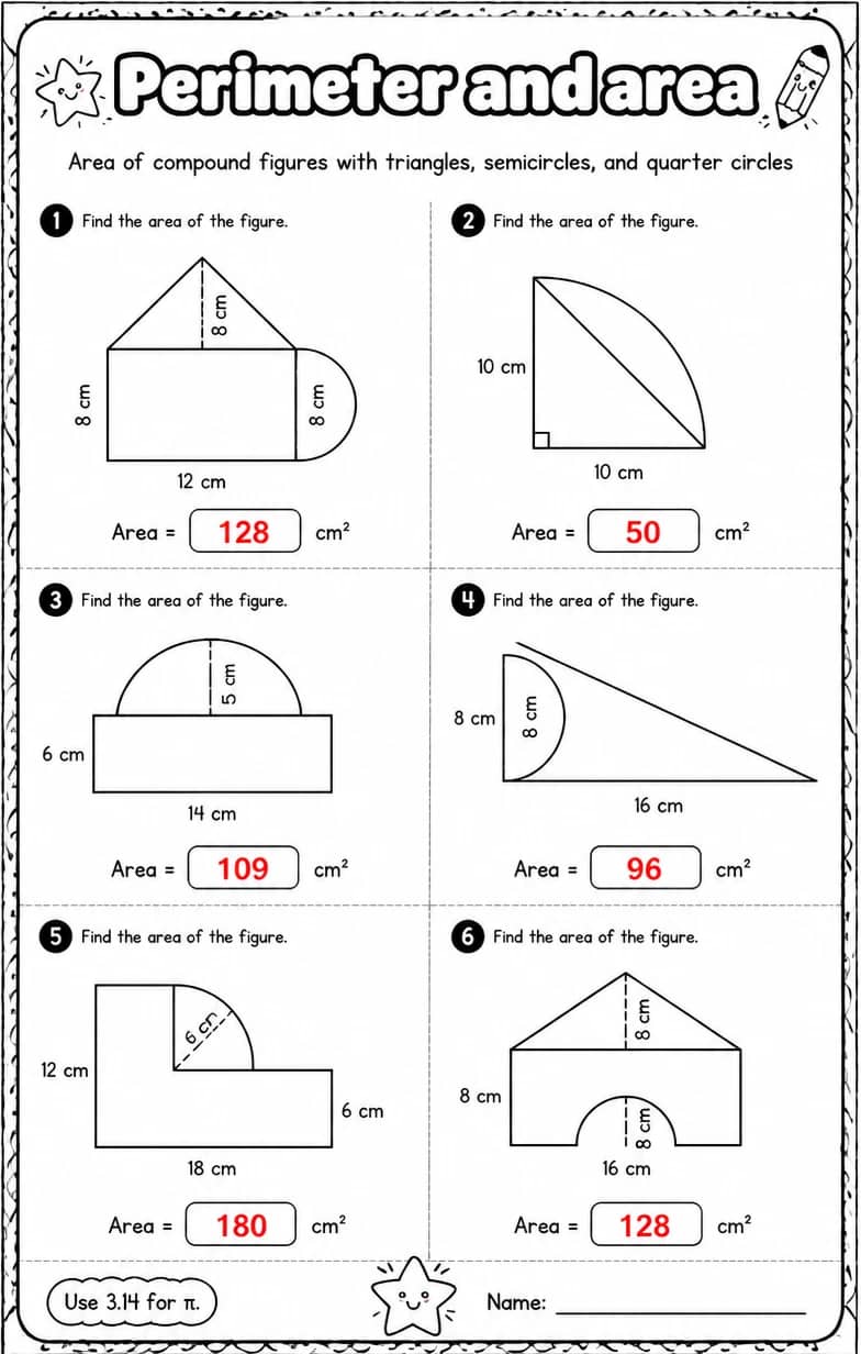 Answer key for Area of compound figures with triangles, semicircles, and quarter circles — free printable Math worksheet