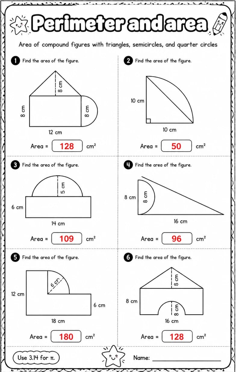 Answer key for Area of compound figures with triangles, semicircles, and quarter circles — free printable Math worksheet