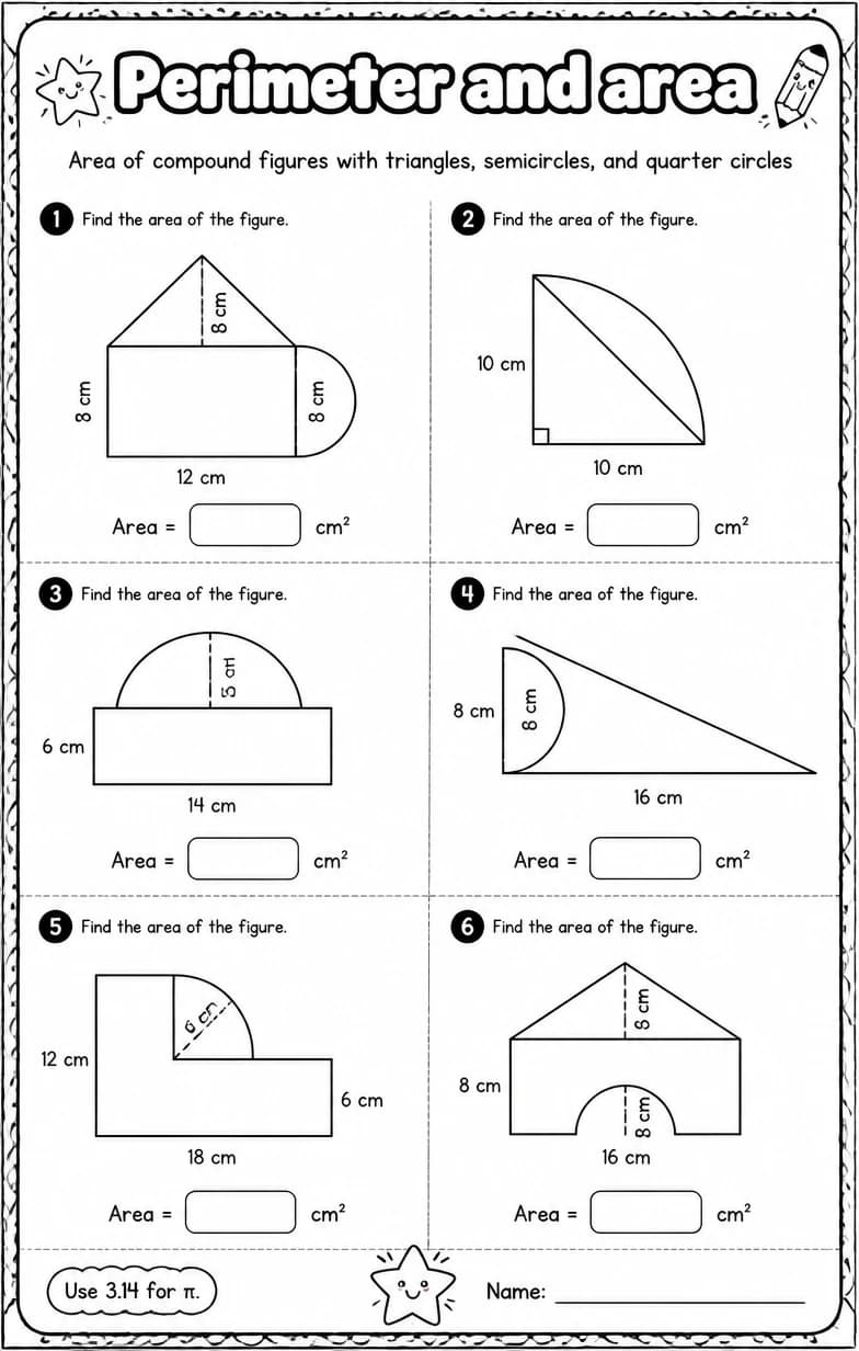 Area of compound figures with triangles, semicircles, and quarter circles — free printable Grade 7 math worksheet