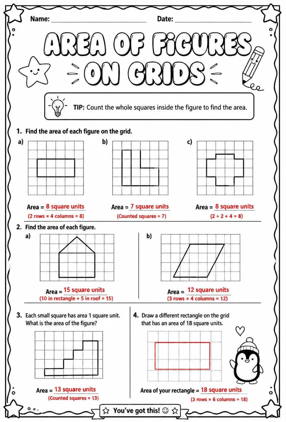 Answer key for Area of figures on grids — free printable Math worksheet