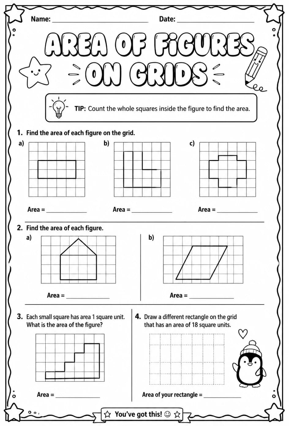 Area of figures on grids — free printable Grade 5 math worksheet