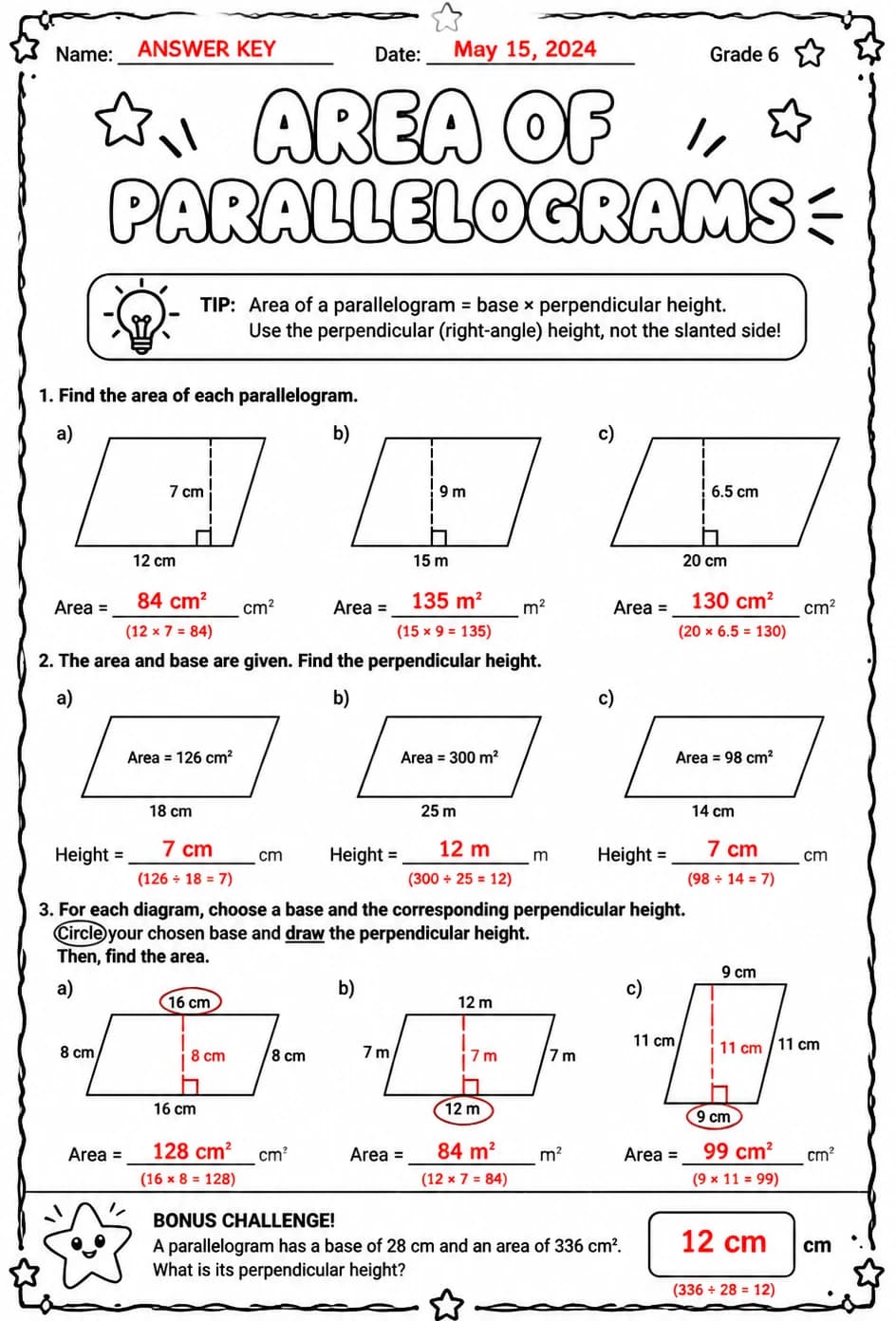 Answer key for Area of parallelograms — free printable Math worksheet