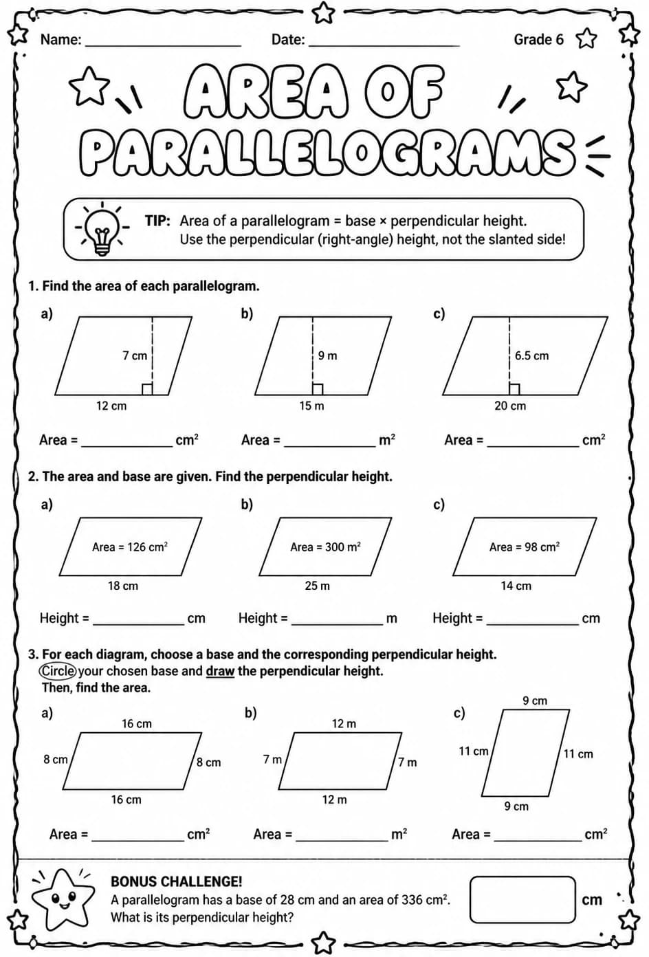 Area of parallelograms — free printable Grade 6 math worksheet