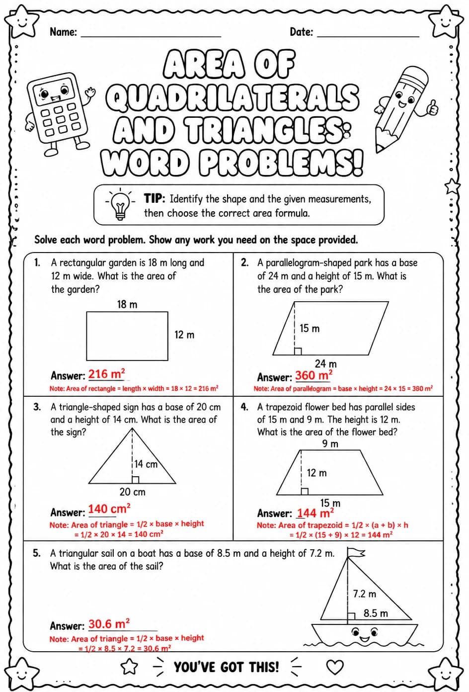 Answer key for Area of quadrilaterals and triangles: word problems — free printable Math worksheet