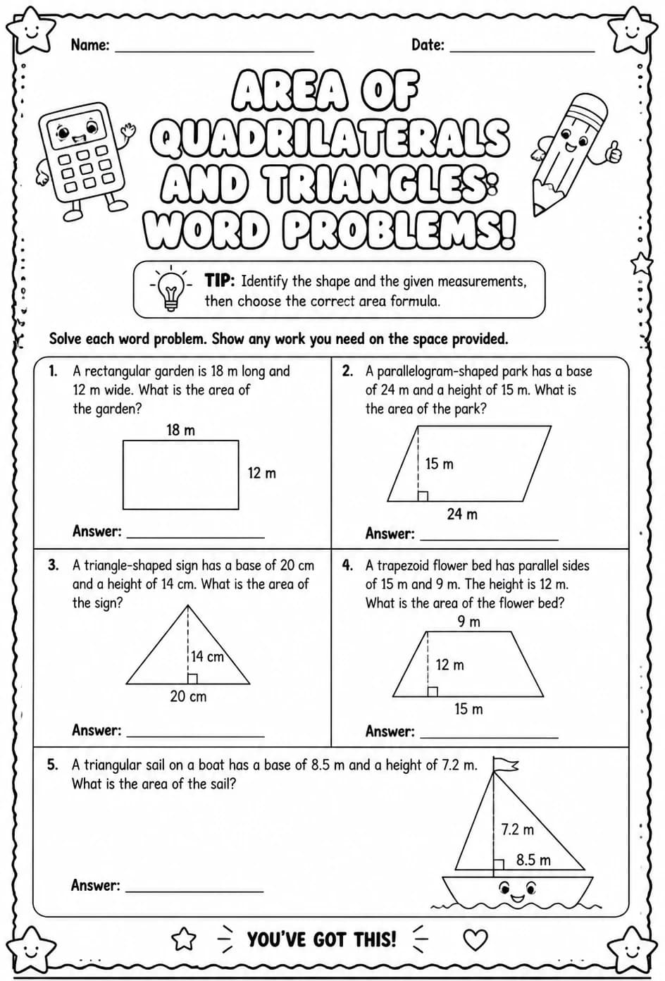 Area of quadrilaterals and triangles: word problems — free printable Middle School Math worksheet