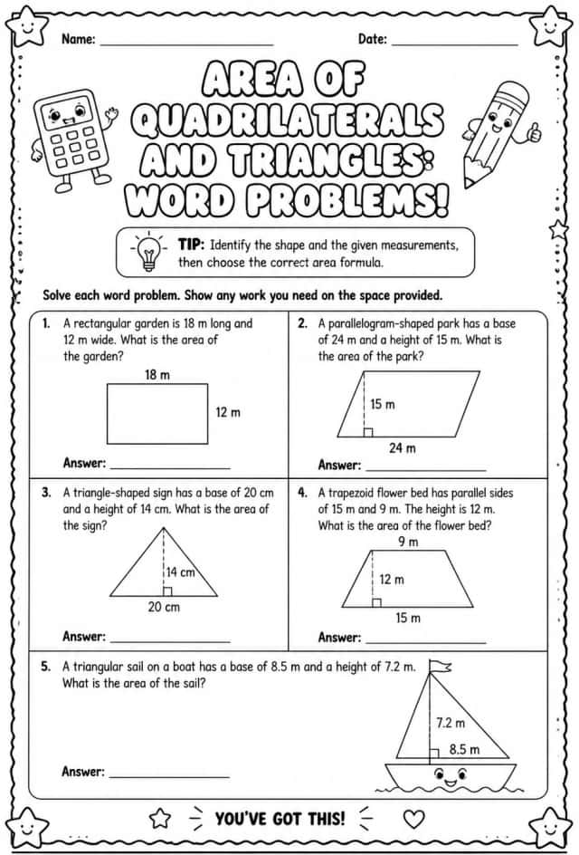 Area of quadrilaterals and triangles: word problems
