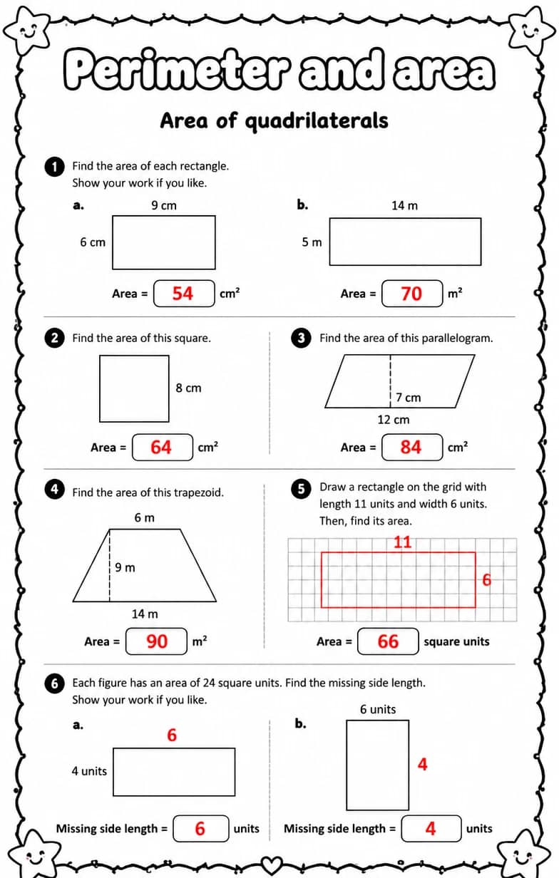 Answer key for Area of quadrilaterals — free printable Math worksheet