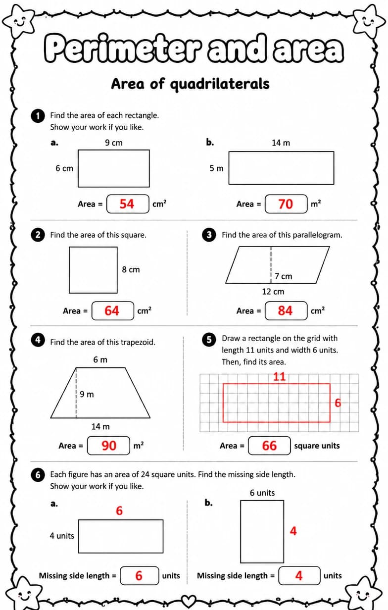 Answer key for Area of quadrilaterals — free printable Math worksheet