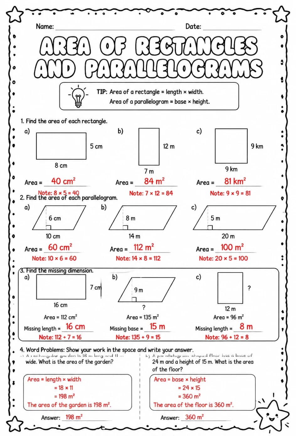 Answer key for Area of rectangles and parallelograms — free printable Math worksheet