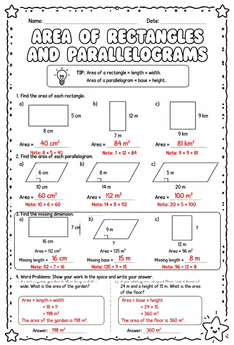 Answer key for Area of rectangles and parallelograms — free printable Math worksheet